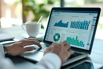 Biznesmen analizujący dane finansowe na laptopie – pracujący z wykresami i raportami w nowoczesnym biurze