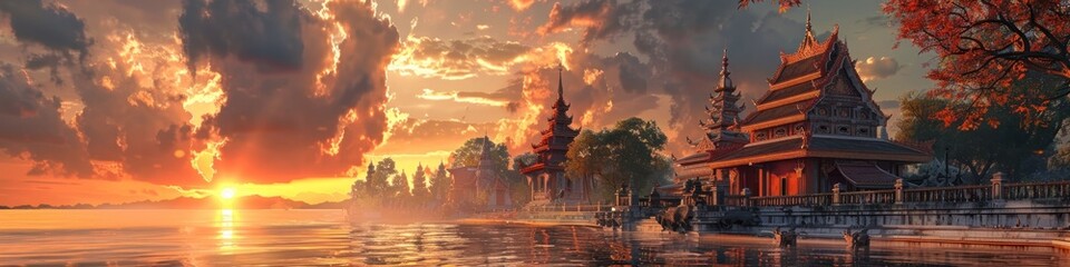 Breathtaking 3D Rendered Sunset Over Wat Phumin A Majestic Buddhist Temple in Thailand