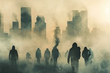 Zamglone i zanieczyszczone miasto z wieżowcami w tle