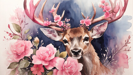 A watercolor painting of a deer with pink flowers in its antlers.

