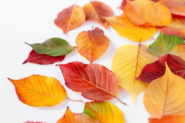 A pile of autumn leaves with a variety of colors, including red, yellow