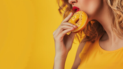 ドーナツを食べる女性の口元 黄色背景