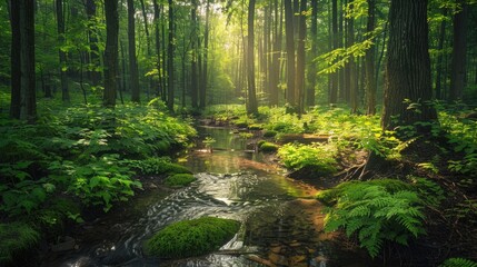 Gentle Forest Creek with Luminous Canopy and Rich Vegetation