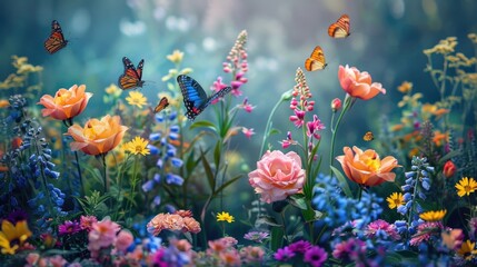 Colorful Floral Haven with Diverse Blossoms and Active Butterflies