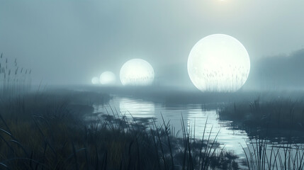 misty marshland at night with glowing white orbs floating above the water, abstract background