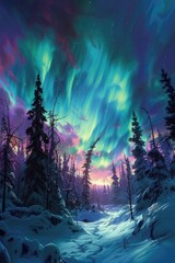 Enchanting Northern Skies Over Snow-Laden Boreal Woods