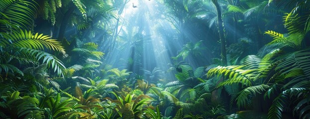 Lush Rainforest Diversity with Ferns, Trees, and Wildlife