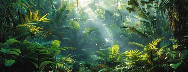 Fototapeta premium Rich Jungle Ecosystem with Verdant Ferns, Towering Trees, and Diverse Fauna