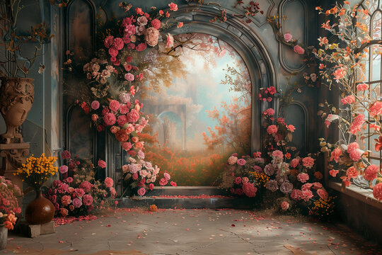 Maternity backdrop, wedding backdrop, photography background with delicate flowers and vintage wall.