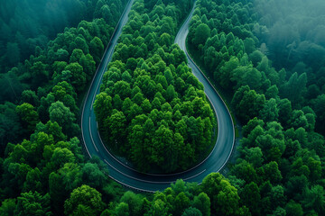 Aerial top view beautiful curve road on green forest