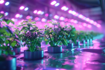 Futuristic indoor hydroponic farm with LED grow lights. Vibrant color photography. Advanced agriculture and sustainable food production concept. Generative AI