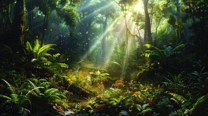 Naklejka premium Magical Forest Clearing with Wild Orchids and Speckled Sunlight