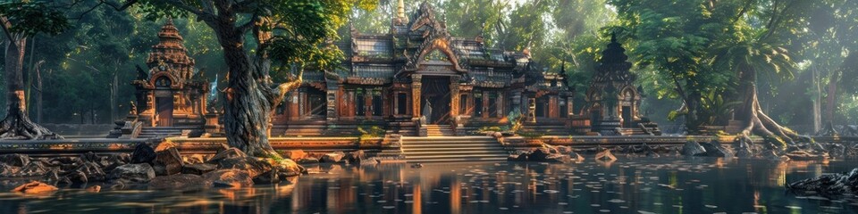 Majestic Ancient Temple Nestled in Lush Jungle Landscape with Tranquil Pond Reflection