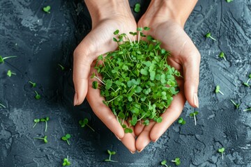 Hands cradling a clump of arugula microgreens on a textured dark background. Macro photography showcasing sustainable agriculture. Healthy lifestyle and clean eating concept. Generative AI