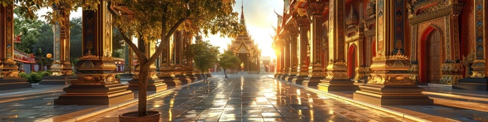 Majestic Buddhist Temple Glows in the Golden Sunset Light