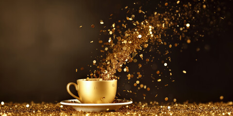 Cup of coffee with splashes of gold confetti on a dark background
