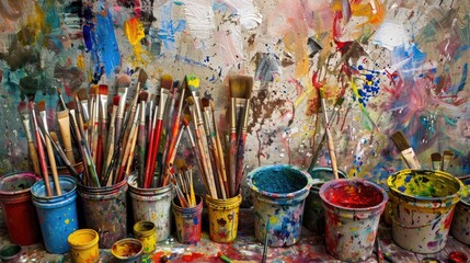 Messy paint brushes. Generative AI