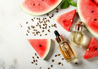 Watermelon seed cosmetic oil in a glass pipette bottle with dropper, arranged by watermelon pieces and seeds on the light background. Top view, flat lay, copy space for text