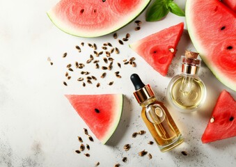 Watermelon seed cosmetic oil in a glass pipette bottle with dropper, arranged by watermelon pieces and seeds on the light background. Top view, flat lay, copy space for text