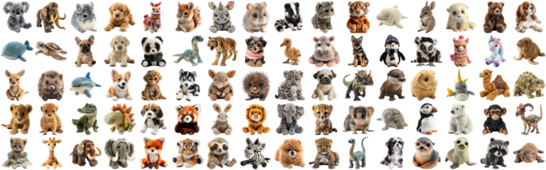 Big set of cute fluffy animal dolls for nursery and children toys, many animal plush dolls photo collection set, isolated background AIG44