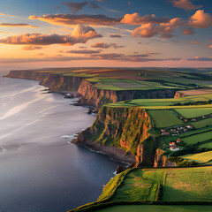 Captivating Sunset over Rural Town and Seaside Cliffs in the UK – A paradisiacal Holiday Destination