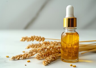 Cosmetic wheat germ oil in glass bottle with pipette with wheat grains and ears on white background. Copy space for text