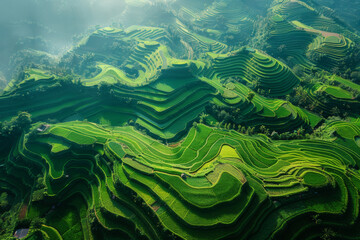 High-altitude drone shot capturing the geometric patterns of terraced agricultural fields. AI generated.