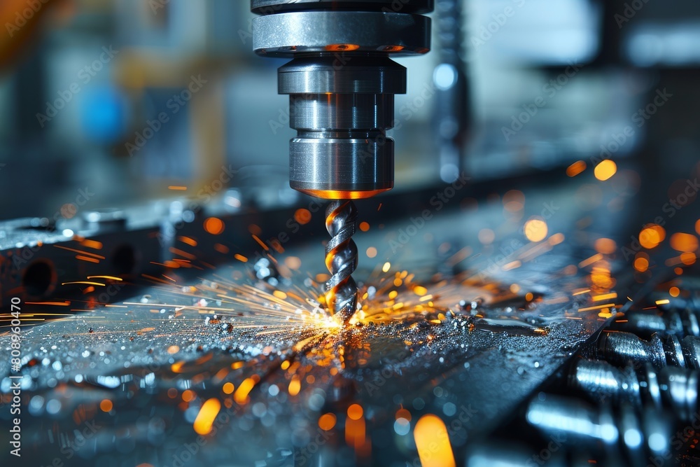 Poster high precision cnc machine in the process of cutting metal with sparks illuminating the dark backgro
