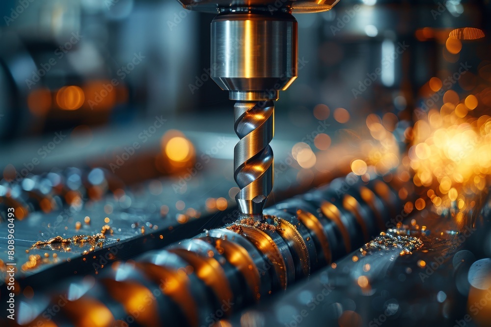 Poster close-up of a metal drill bit making precise cuts on a metallic surface with sparkling chips flying 