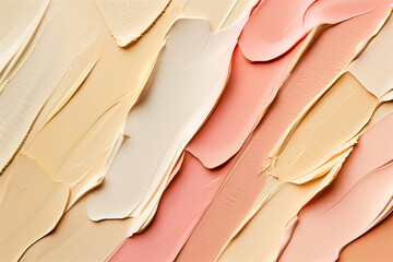 Variety of cosmetic creams. Top view of face foundation palette with diverse textures and colors,...