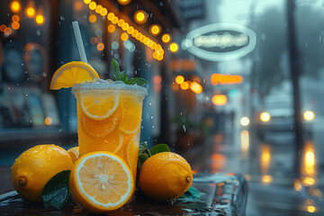 Evening Citrus Refreshment. Orange drink in a misty street at dusk, glowing lanterns in background.