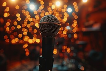 A professional microphone stands ready against an electrifying backdrop with golden bokeh lights,...