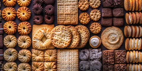 Assortment of sweet cookies. Different types of sweet cookie background.