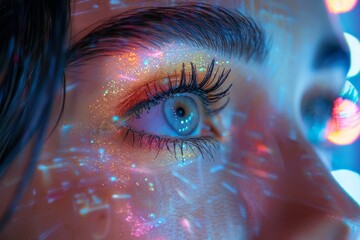 The image shows a close-up of a woman's eye with glittery, colorful makeup under vibrant lighting