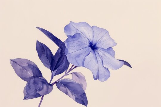 With gentle strokes, the Periwinkle flower blooms in watercolor, its dainty petals and glossy green leaves capturing the essence of its understated beauty and resilience.