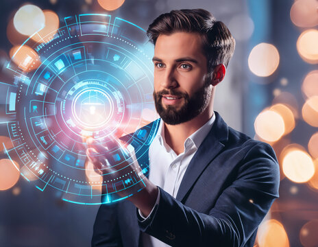 man with a futuristic holographic screen