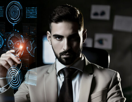 serious man looking at camera, advanced technology, investigative