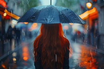 A red-haired woman viewed from behind gazes at a rainy urban street under her blue umbrella