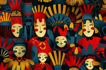 Illustration of bright colored masks with ethnic motifs