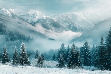 majestic winter landscape with snowy mountains and frosted evergreen forest serene nature scenery - Powered by Adobe