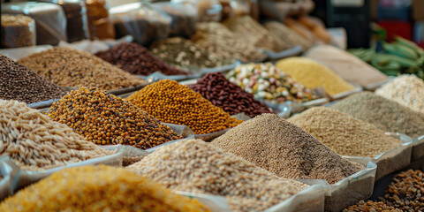 Farmers market stall with variety of dry whole grains, quinoa and brown rice. Assortment of of grains, Different types background.