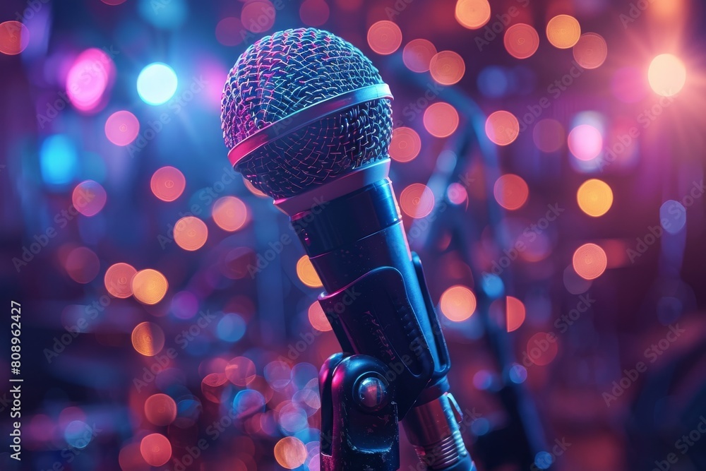 Aufkleber modern dynamic microphone with a backdrop of vivid bokeh lights giving a sense of an energetic music