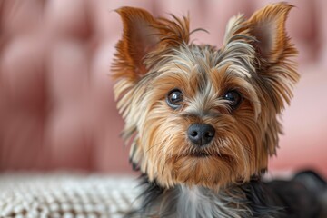This high-resolution image captures the detailed texture of a Yorkshire Terrier's fur and its expressive eyes against a soft background