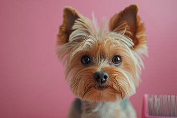 The focus is on the unique pointed ears and forehead fur of the Yorkshire Terrier, showcasing its breed's characteristics