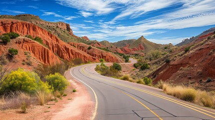 Road winds through canyon with mountains in background under blue sky