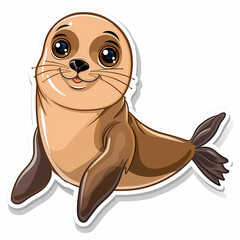 Cute sea lion cartoon on a White Canvas Sticker,vector image
