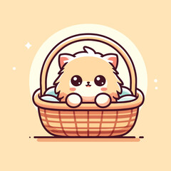 Cartoon of an adorable kitten with expressive eyes in a basket