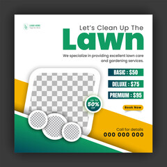 Corporate modern lawn care garden service for social media cover design template, agriculture and organic food campaign post web banner, abstract green, yellow color shape on white background