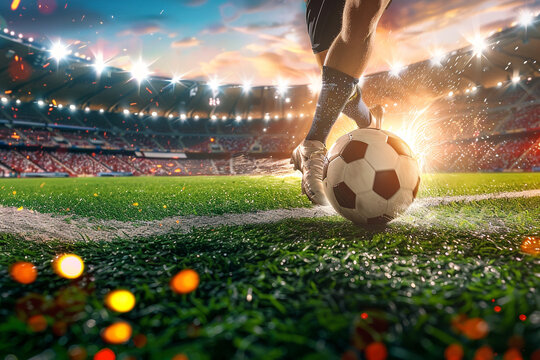 Close up von Fu&szlig;ballspieler im laufenden Spiel im Fu&szlig;ballstadion Arena f&uuml;r Spiel mit Scheinwerferlicht und Flutlicht. Fu&szlig;ball Sport Hintergrund, gr&uuml;nes Gras Feld und Spielfeld.