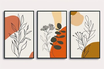 modern botanical wall art set line drawing with abstract shapes plant art for home decor digital illustration